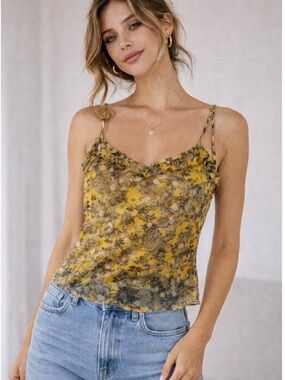 Anthropologie Yellow Floral Sheer Tank Top